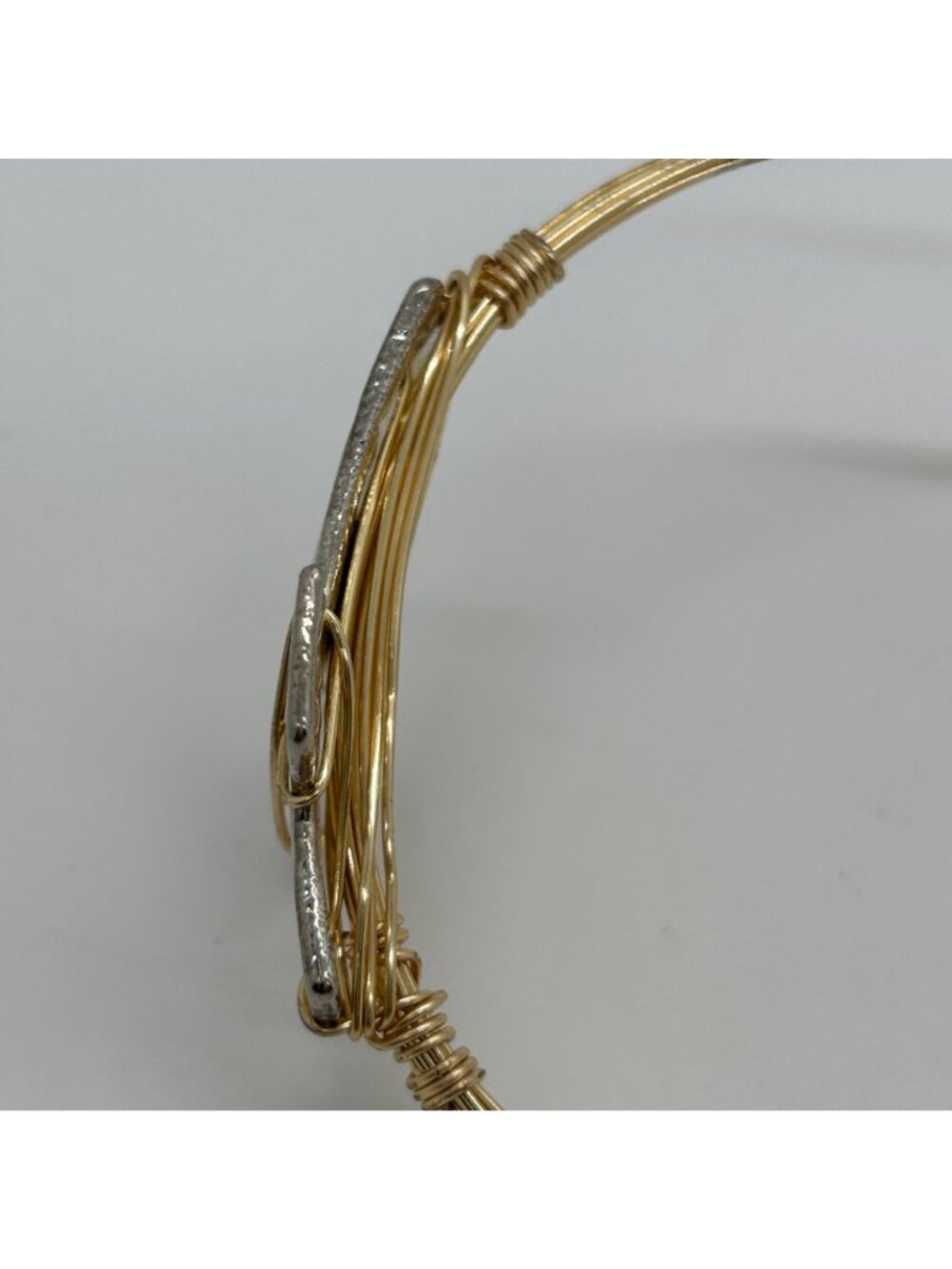Mixed Metal Bracelet Gold Tone Wire Wrapped Silver Tone Cross Bangle Religious - Picture 8 of 12
